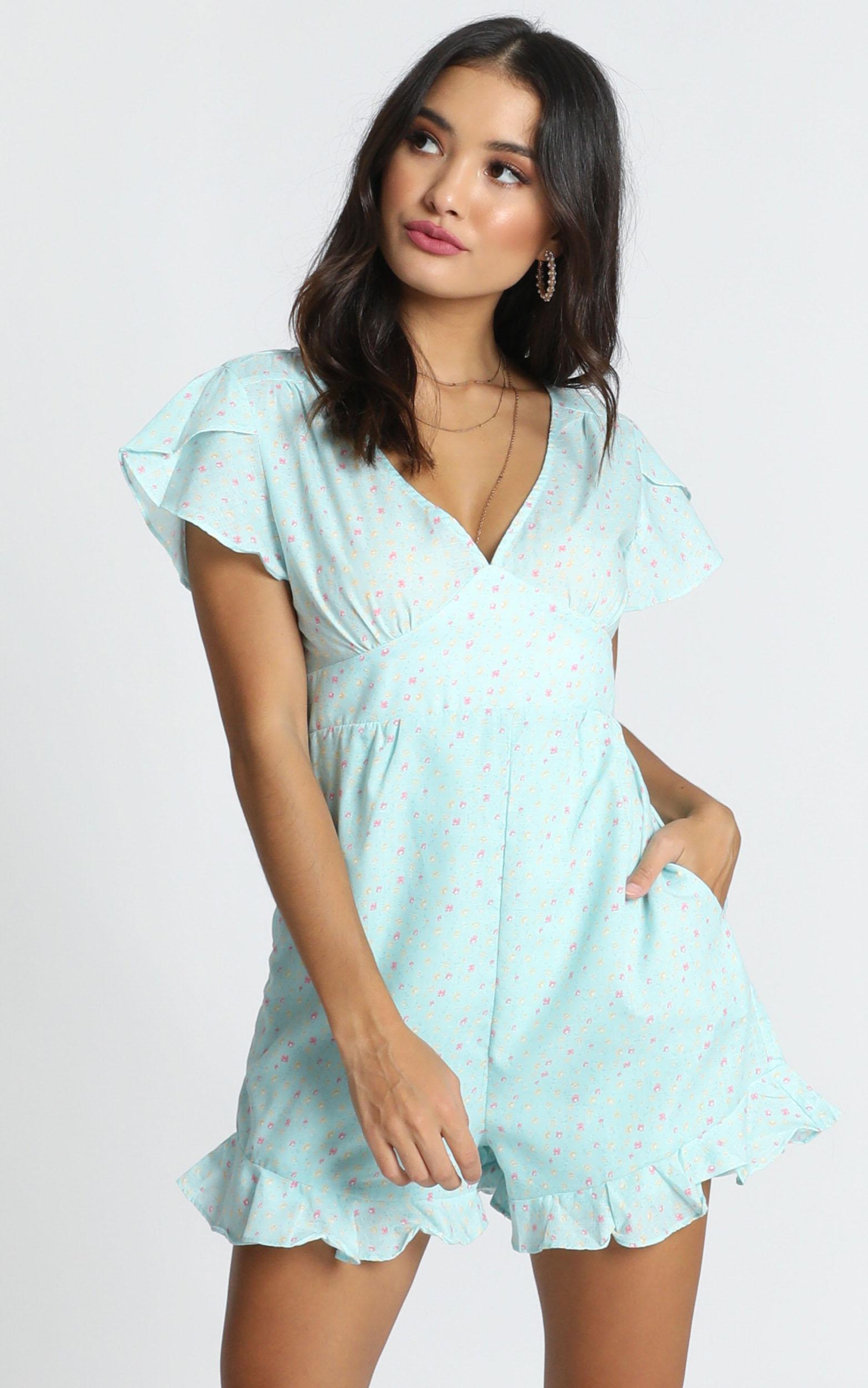 Image of Showpo Elianna Frill Playsuit in blue floral -  (XS) Floral Rompers