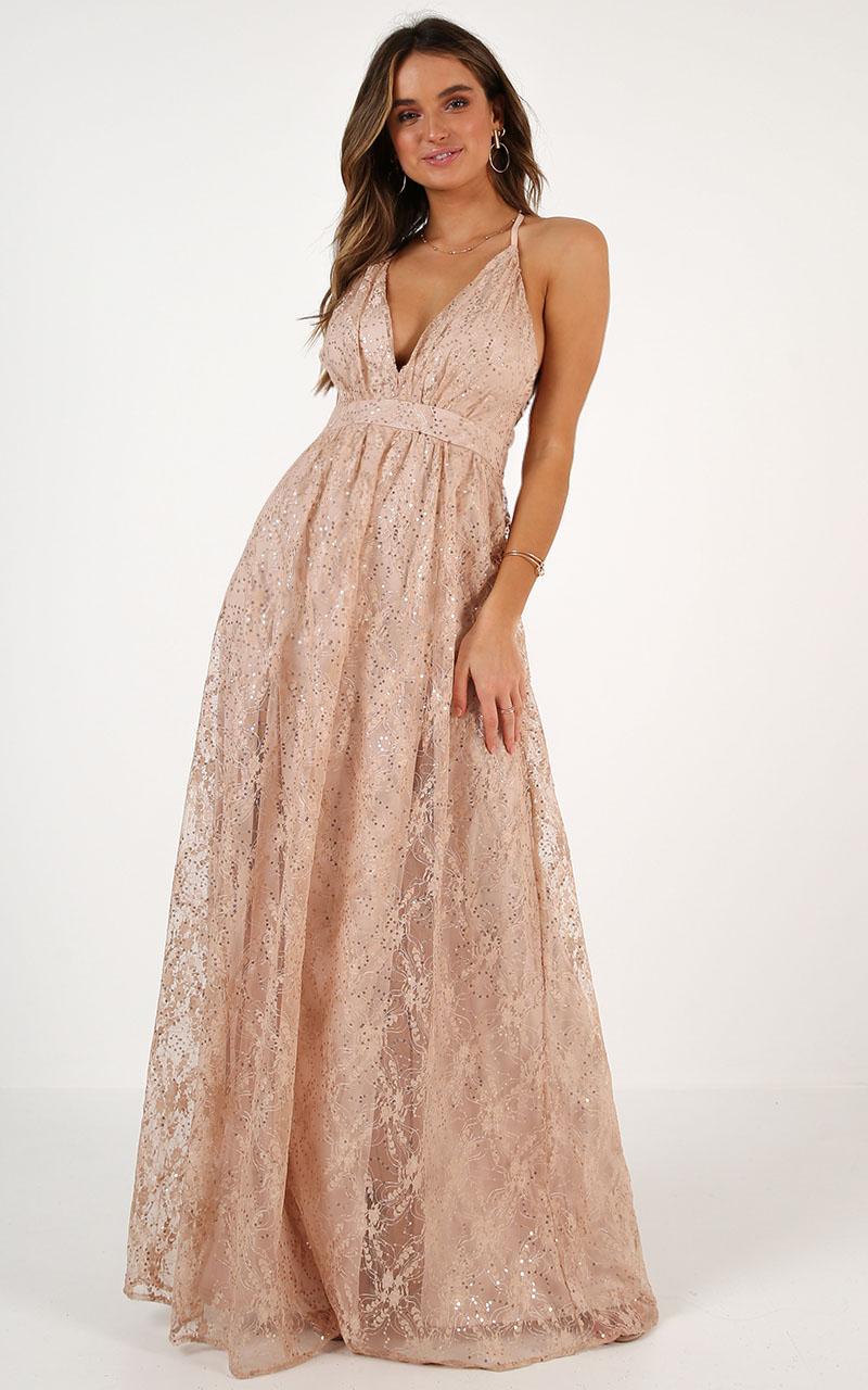 Crystal Maiden Maxi Dress In Rose Gold Sequin | Showpo