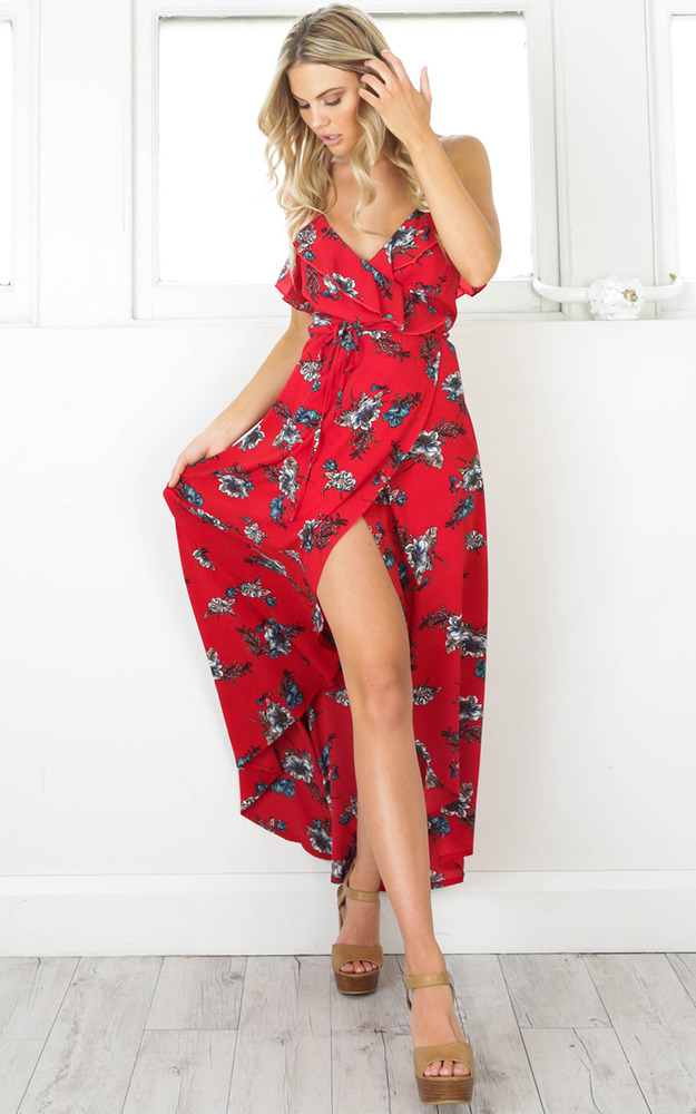 red floral long dress