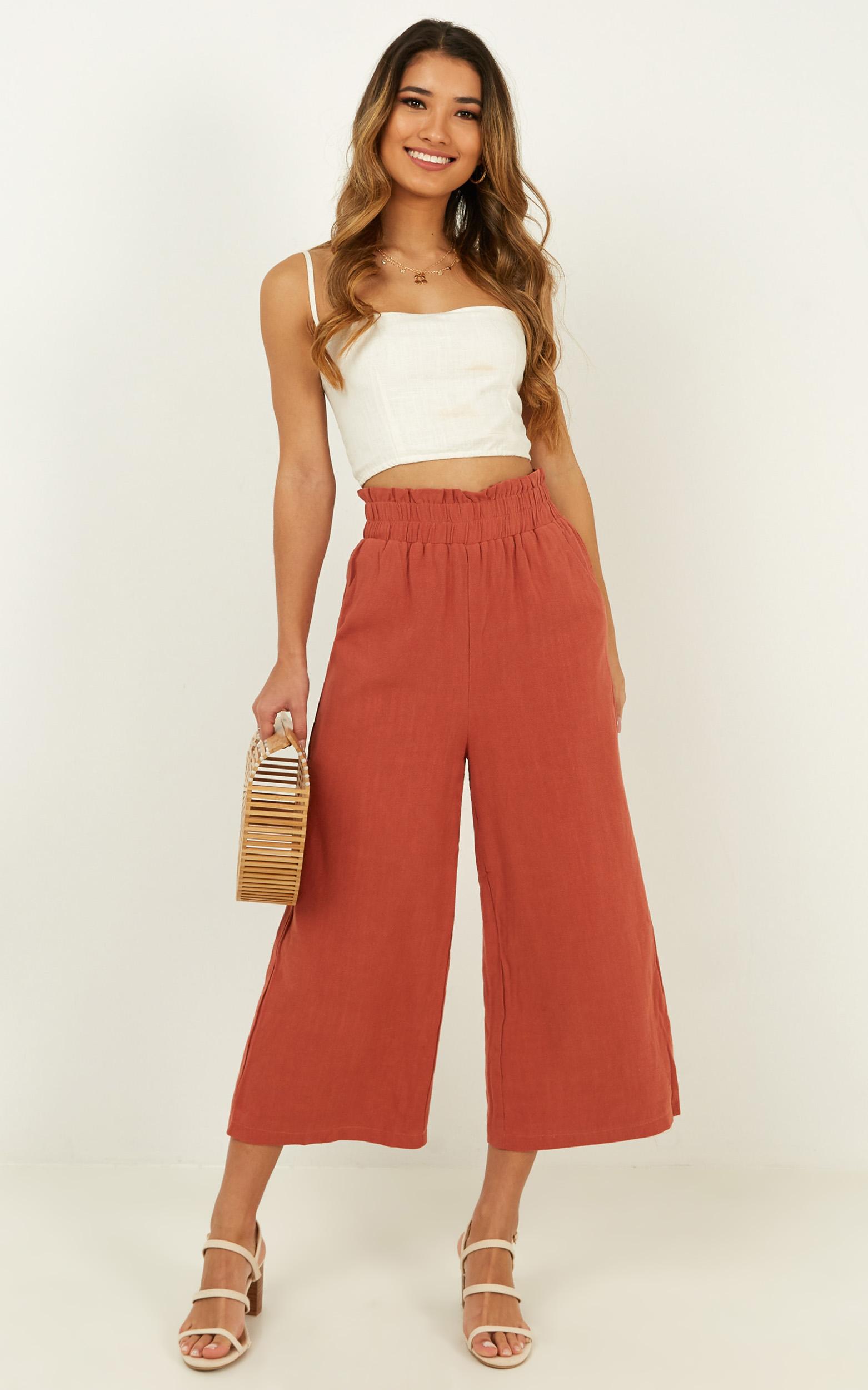 Image of Showpo Sunny Times Pants In rust linen look -  (XXS) Wide Leg Pants
