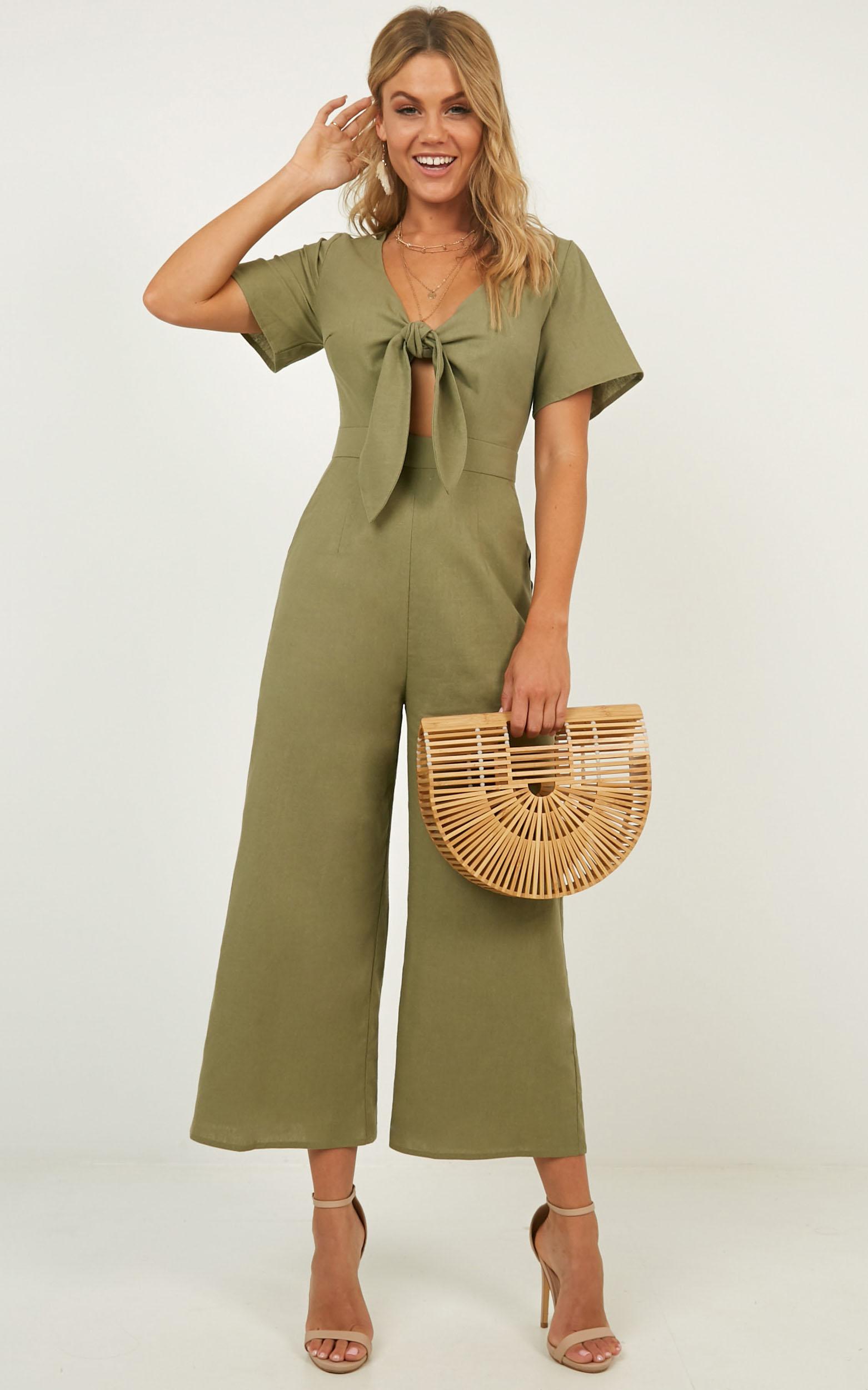 The Thing About Her Jumpsuit In Khaki Linen Look Showpo