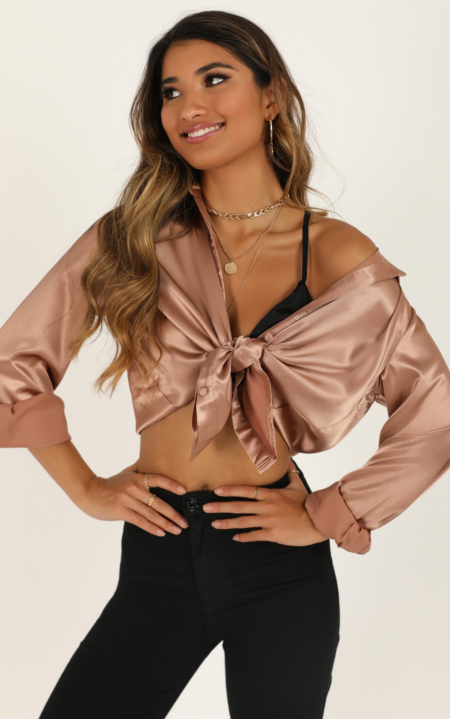 Image of Showpo Floating Away top in mocha satin -  (XS) Long Sleeve Tops