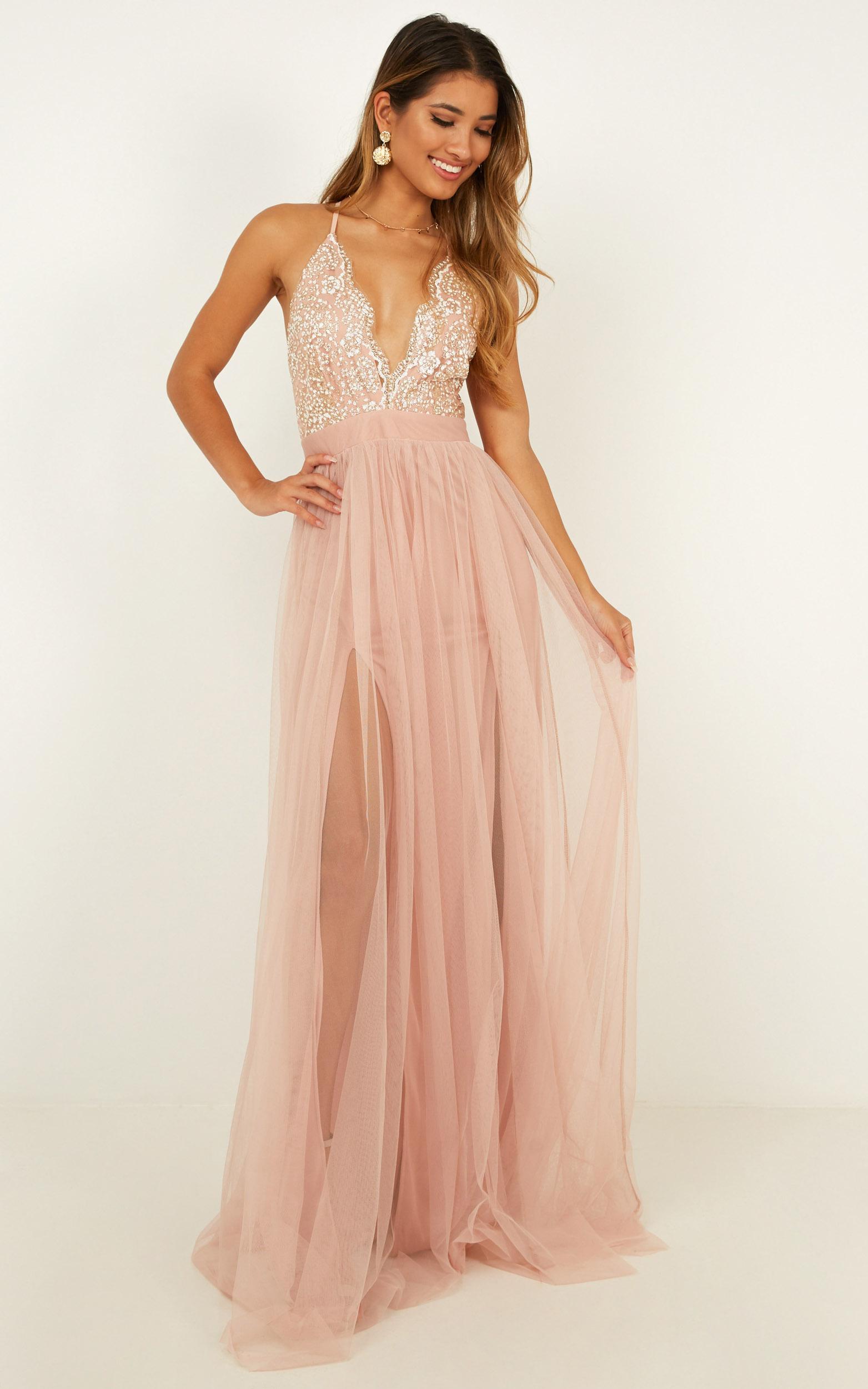 Vision Of Beauty Maxi Dress In Blush Glitter Showpo