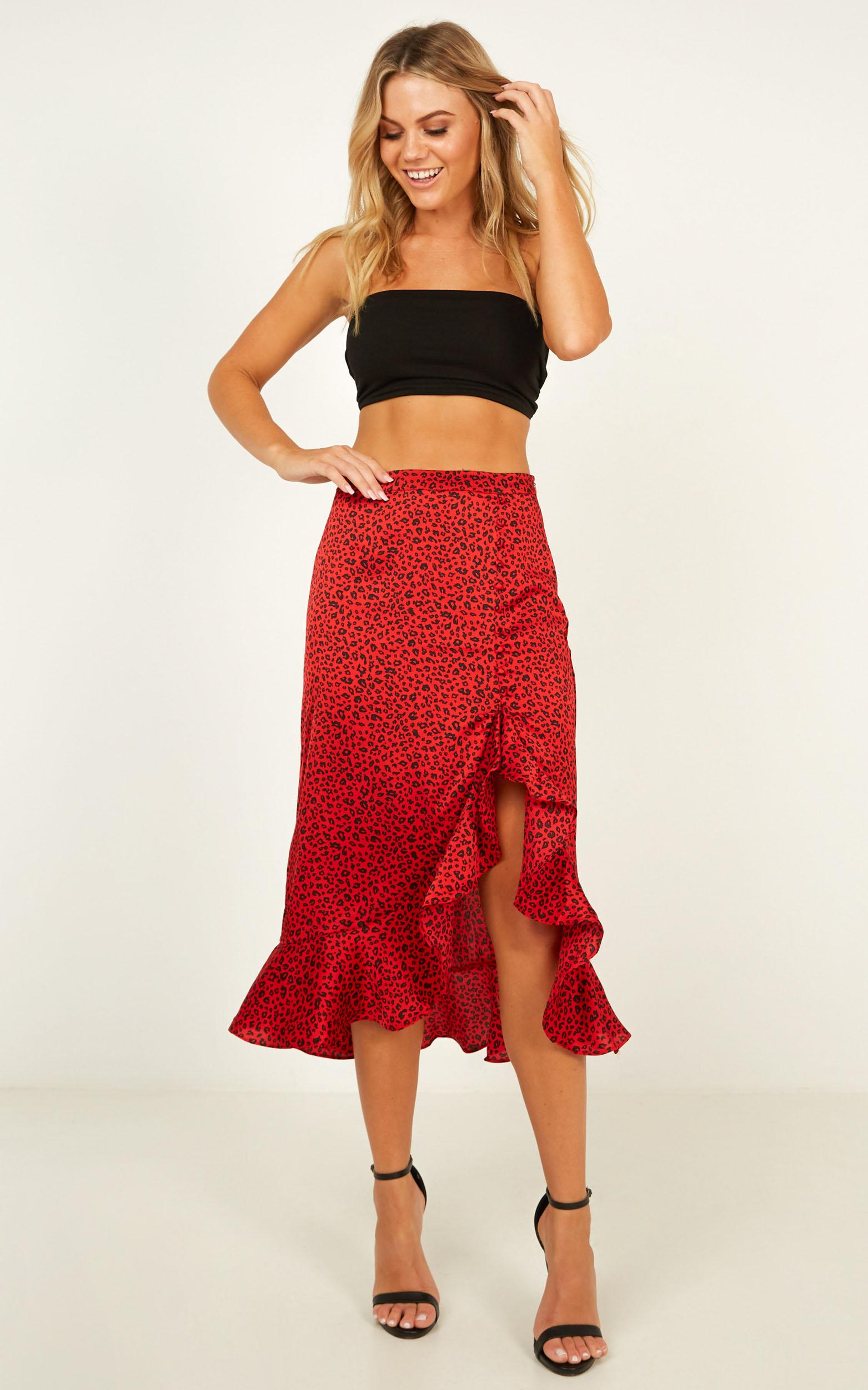 Daily Dose Skirt In Red Leopard Print Satin Showpo