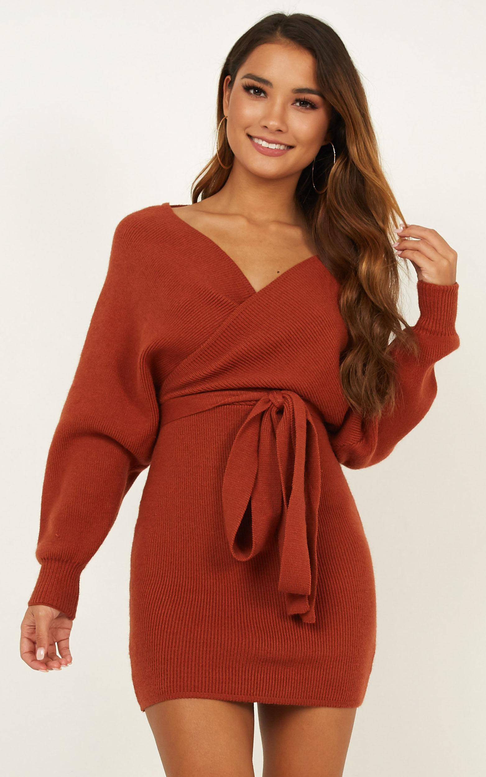 Dont Fall Down Knit Dress In Rust Showpo