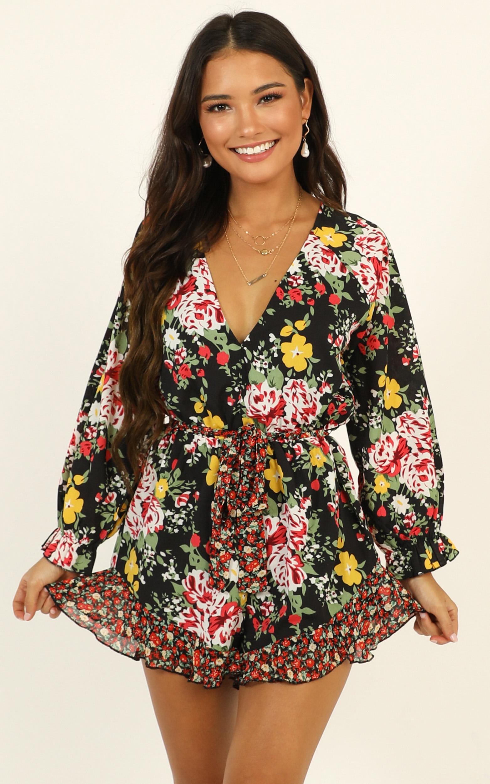 Image of Showpo European Sunset Playsuit in black floral -  (XXS) Long Sleeve
