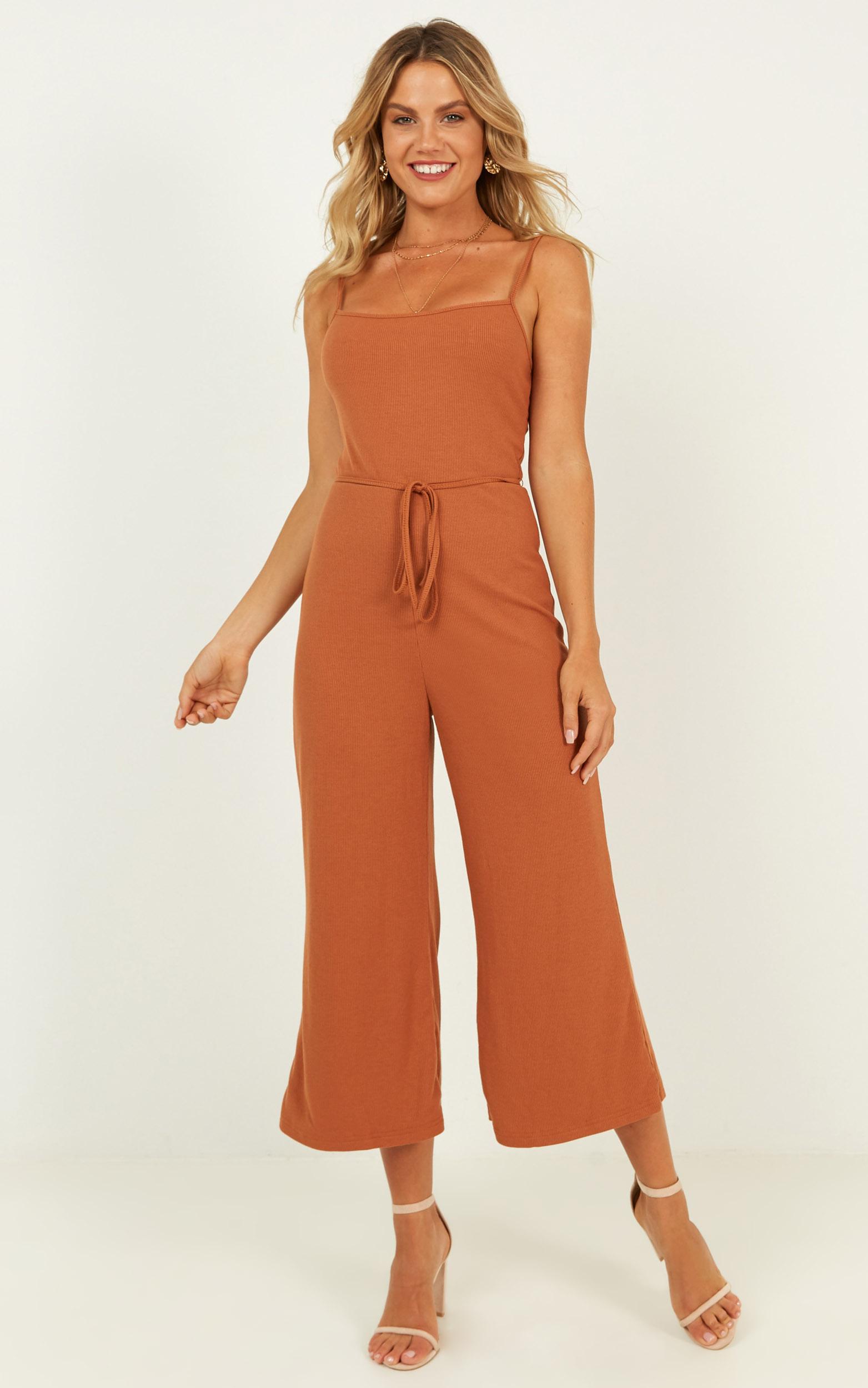 Leave Me Behind Jumpsuit In Rust Rib Showpo
