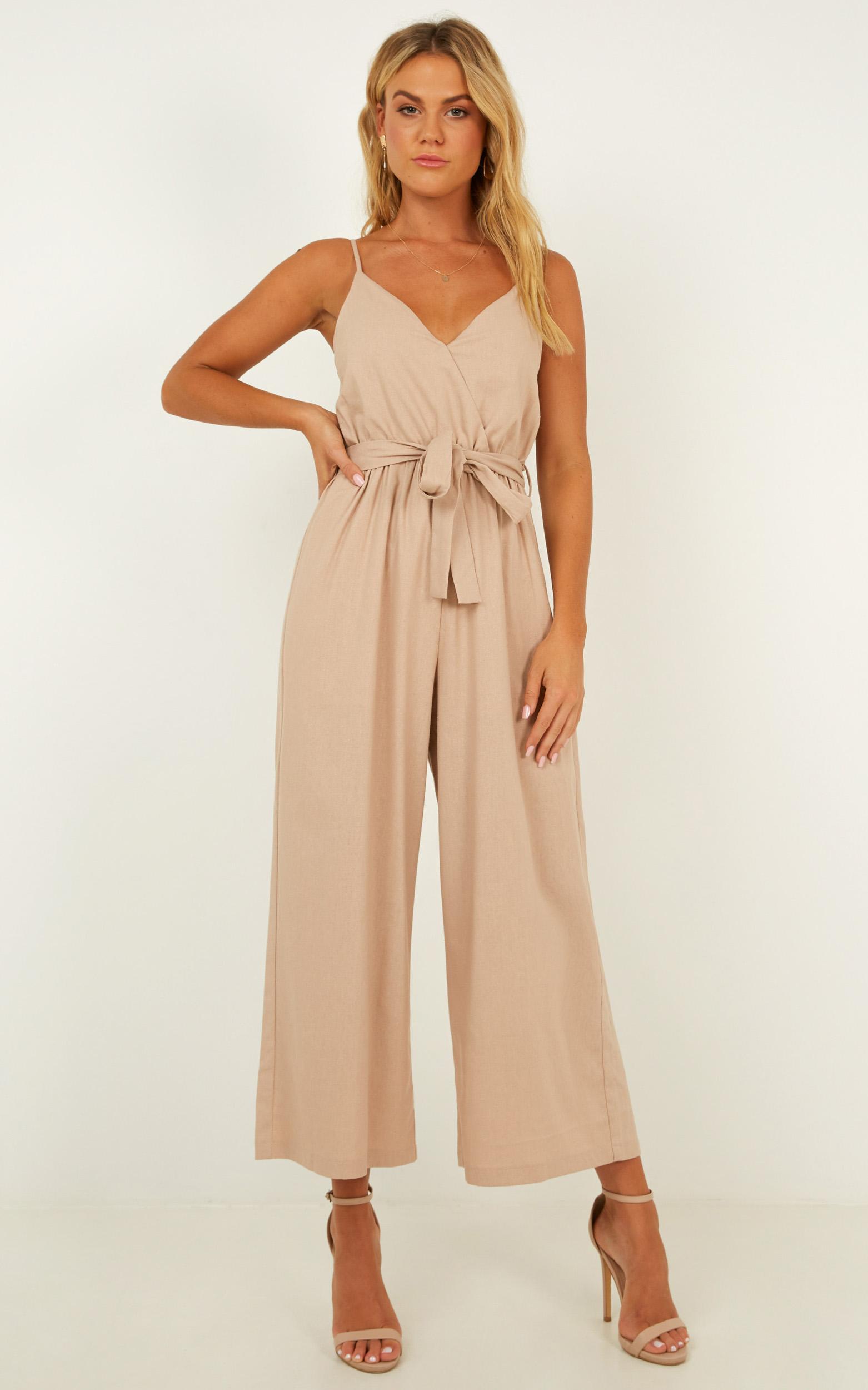 Not About You Jumpsuit In Beige Linen Showpo