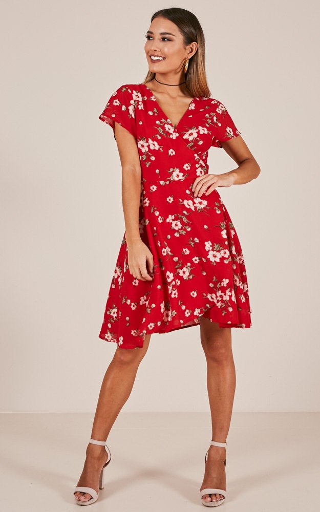 At Ease Dress In Red Floral | Showpo