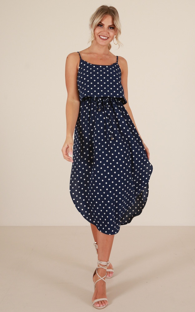 Lunch Time Dress In Navy Spotted Showpo