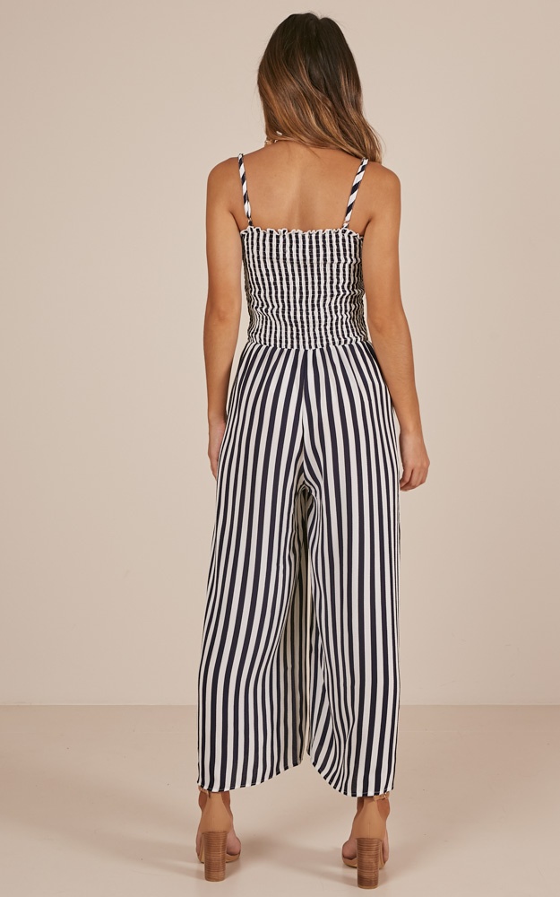 more than life jumpsuit in navy stripe