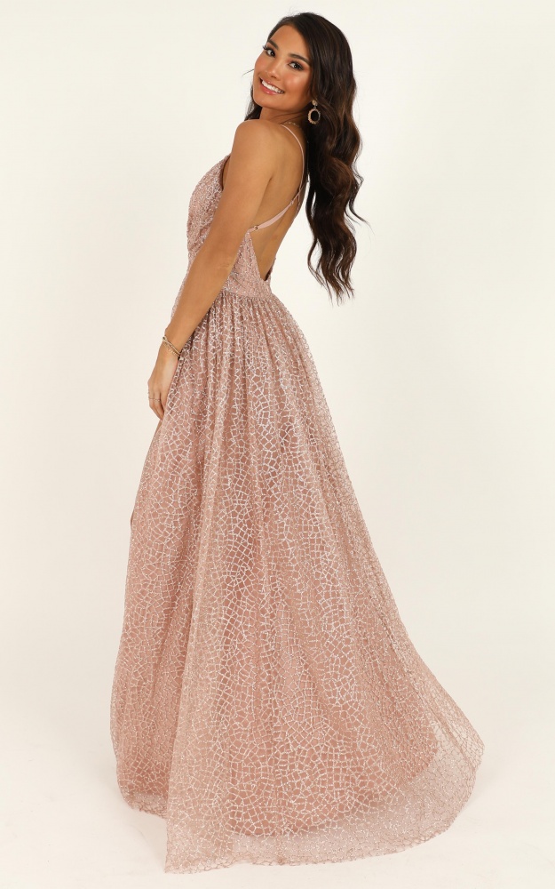 Lady Godiva Dress In Rose Gold Glitter Showpo 1154