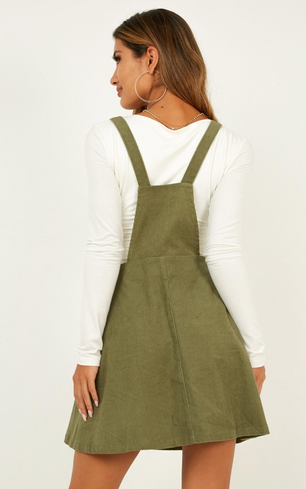Not For Me Pinafore Dress In Khaki Corduroy Showpo