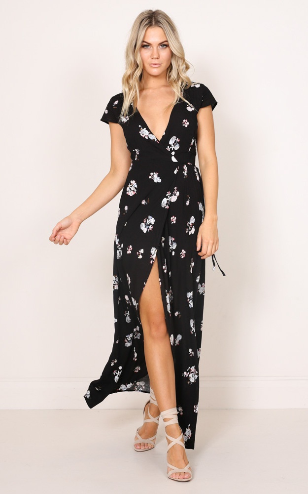 Wrap And Cross Maxi Dress In Black Floral Showpo