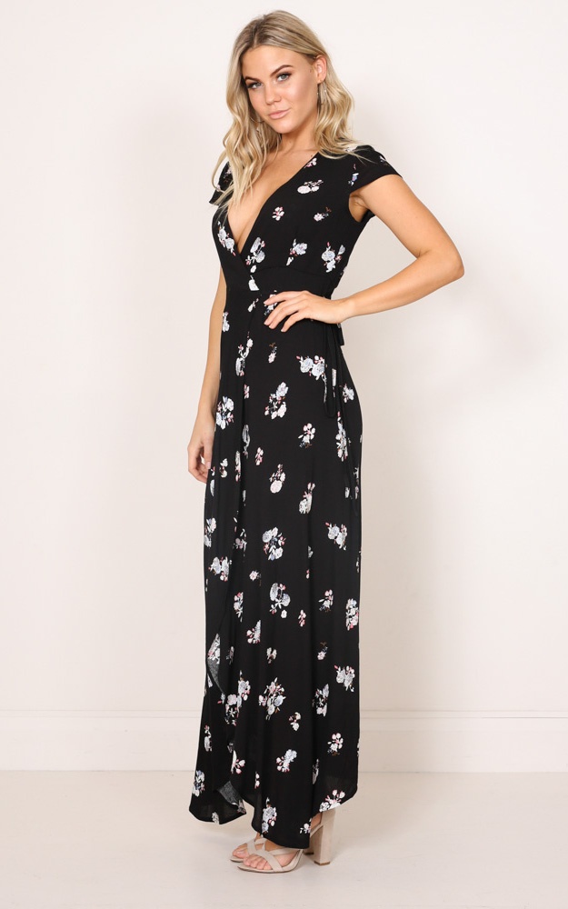 Wrap And Cross Maxi Dress In Black Floral | Showpo