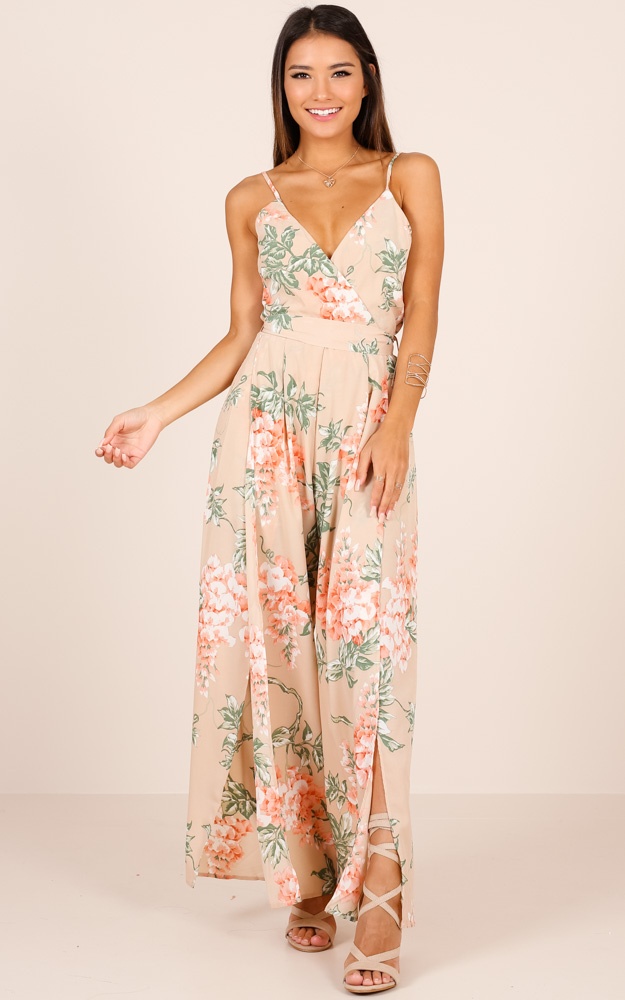 Never Want To Leave Jumpsuit In Beige Floral | Showpo