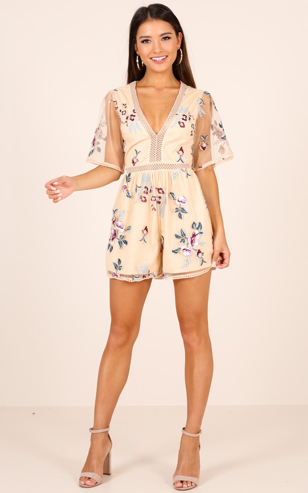 All You Wanted Playsuit In Beige Floral | Showpo