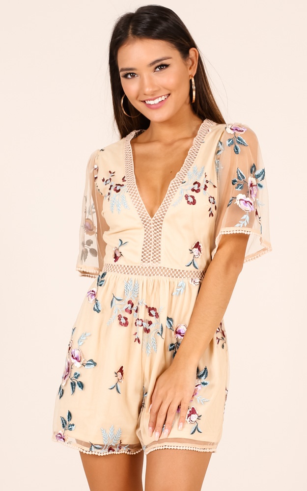 All You Wanted Playsuit In Beige Floral | Showpo