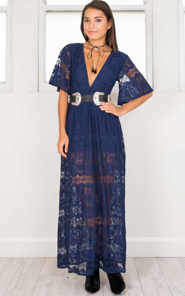 Hands To The Sky Maxi Dress In Navy Lace | Showpo