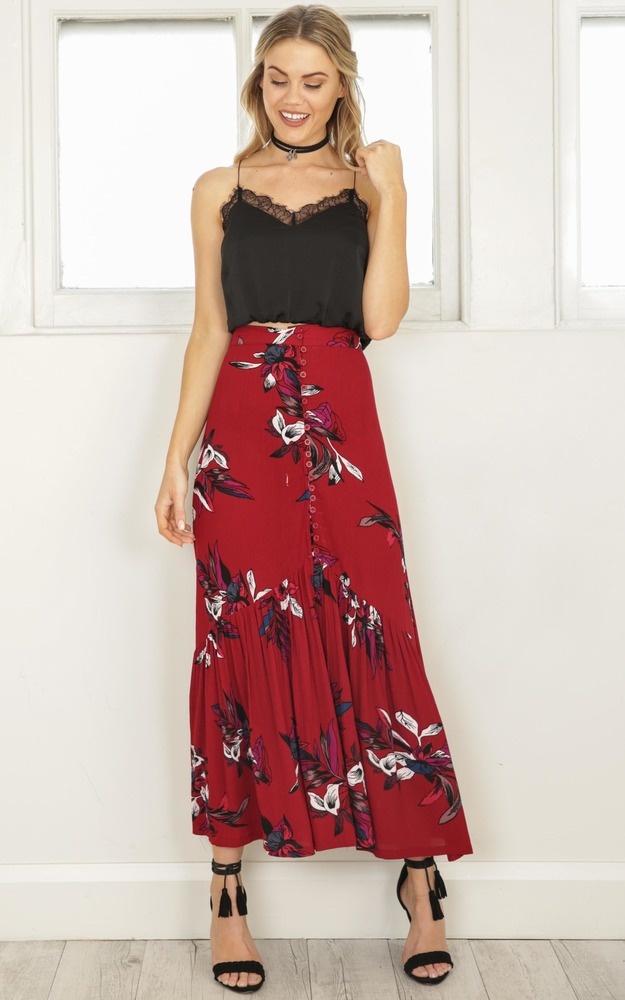 Kisses Dont Lie Maxi Skirt In Red Floral | Showpo