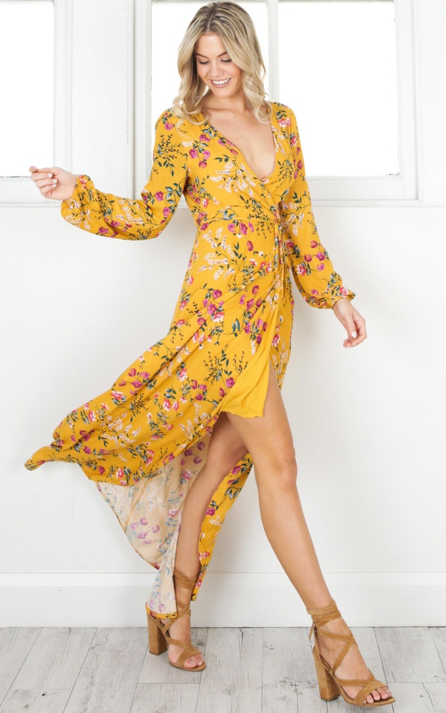 Autumn Falls Maxi Dress In Mustard Floral Showpo