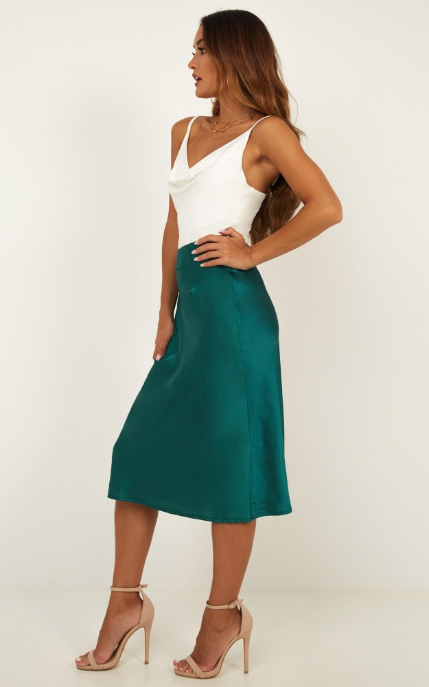 green satin skirt outfit
