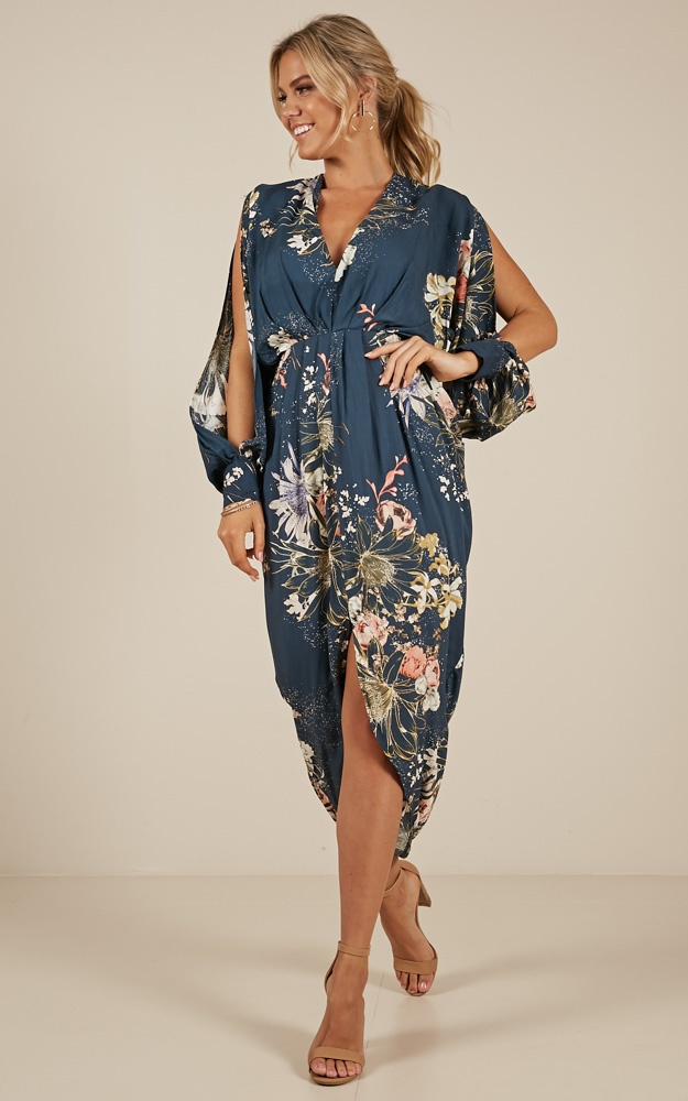 Roll Up Maxi Dress In Teal Floral Sh