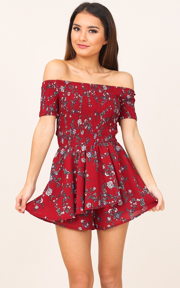 Florence Playsuit In Wine Floral | Showpo