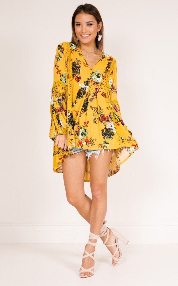 Just Bloomed Tunic Dress In Mustard Floral Showpo