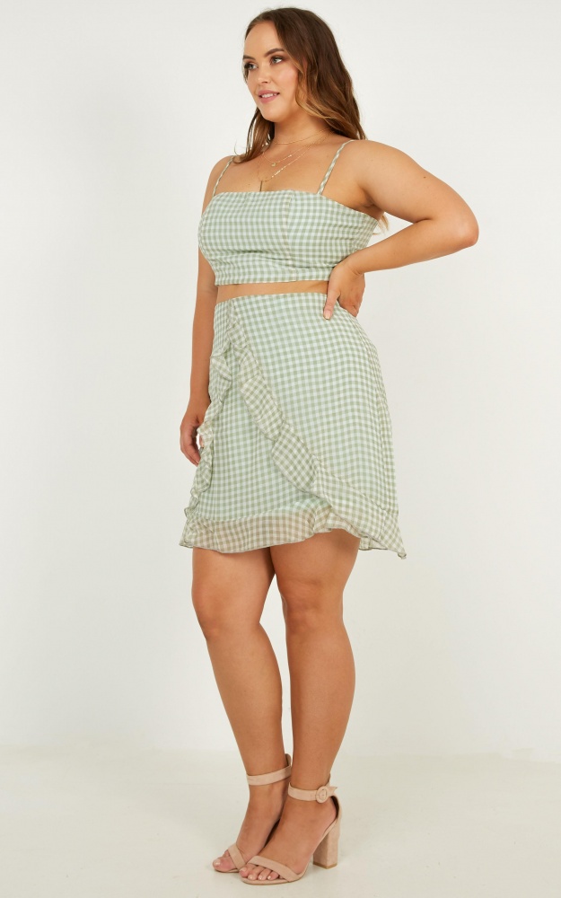 Likeminded Two Piece Set In Sage Gingham Showpo