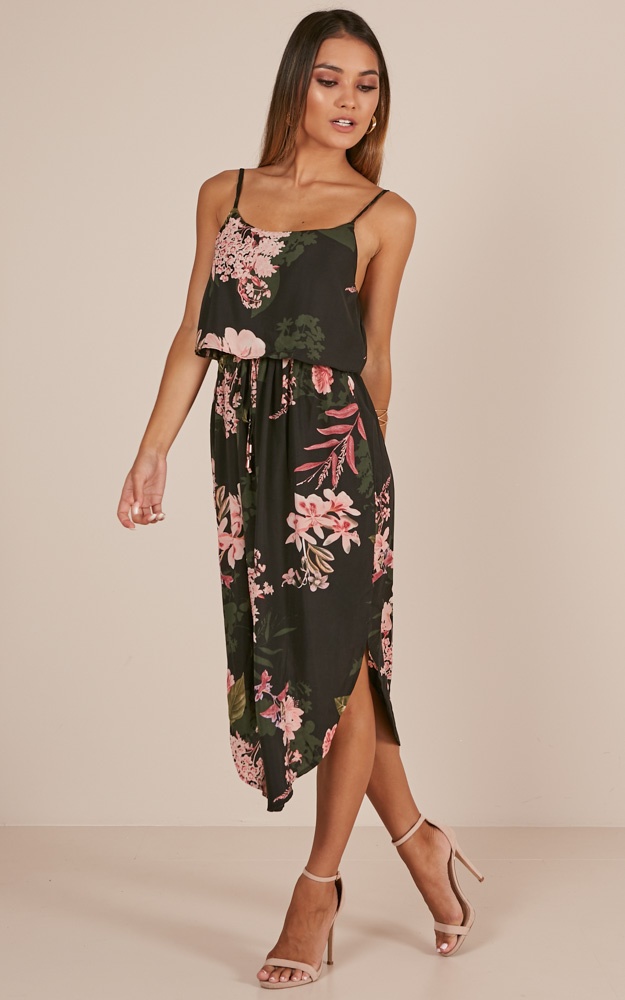 Lunch Time Dress In Black Floral Showpo
