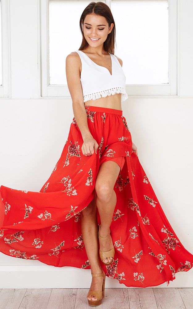 Stairway To Heaven Maxi Skirt In Red Floral | Showpo