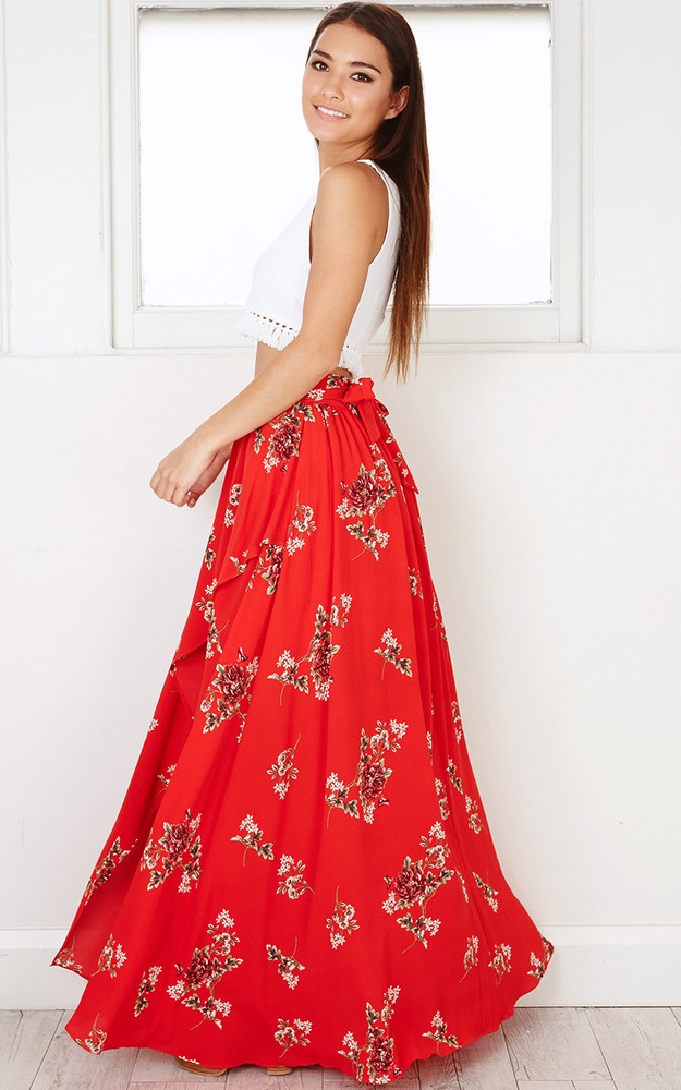 Stairway To Heaven Maxi Skirt In Red Floral | Showpo