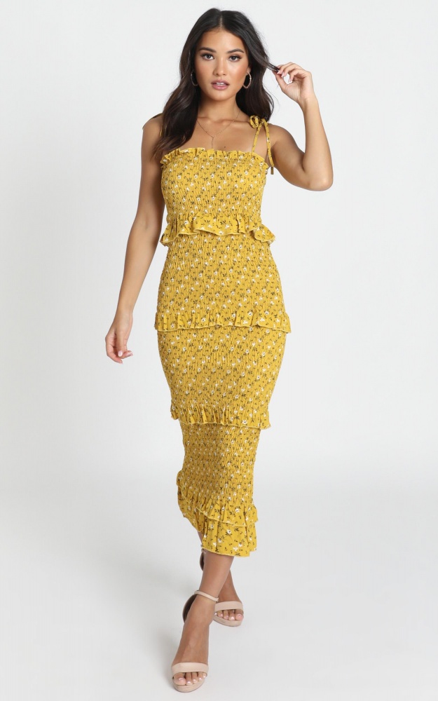 My Favourite Thing Shirred Midi Dress In Mustard Floral Showpo
