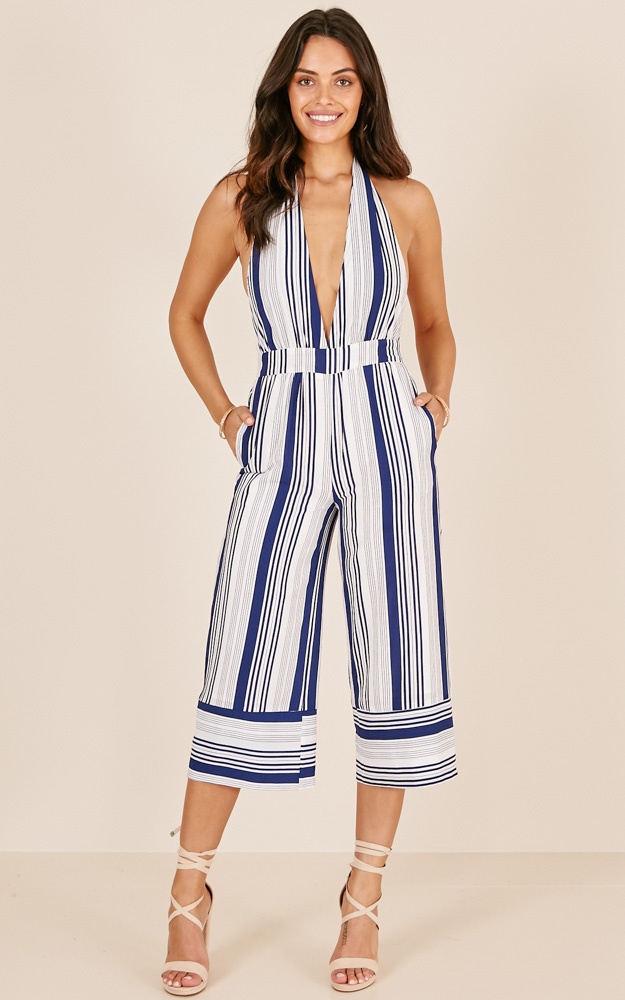One For The Team Jumpsuit In Navy Stripe | Showpo