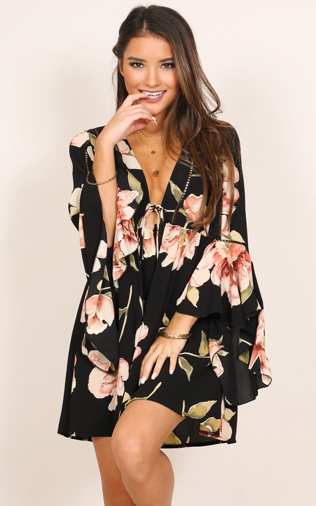Past Tense Dress In Black Floral Showpo