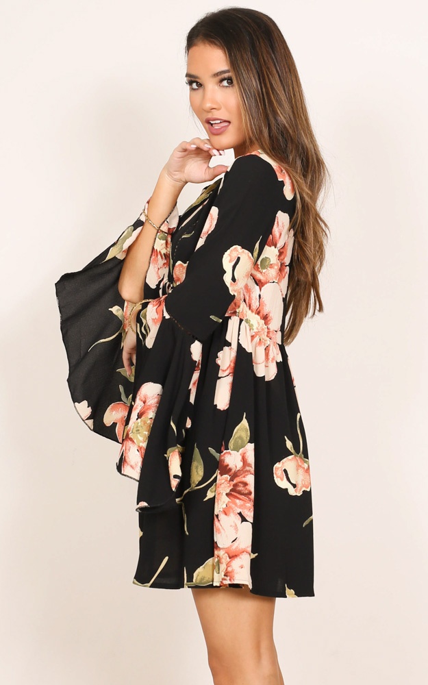 Past Tense Dress In Black Floral Showpo