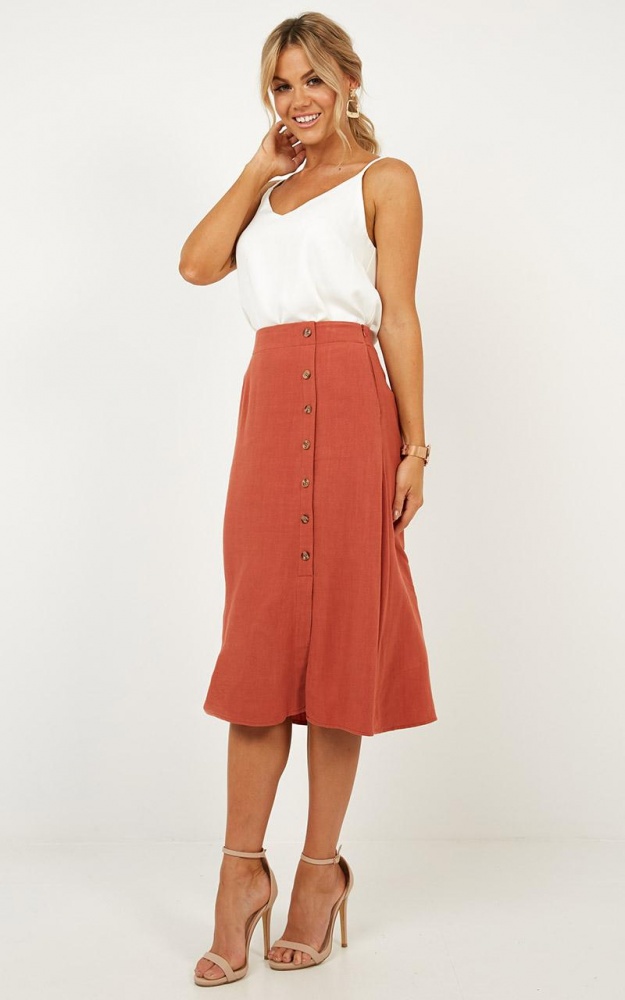 Sorority Girl Skirt In Rust Linen Showpo