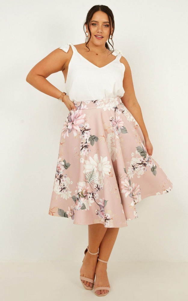 Whirlwind Midi Skirt In Blush Floral Showpo