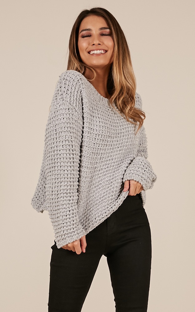 Still Kicking Velvet Knit Sweater In Grey Showpo