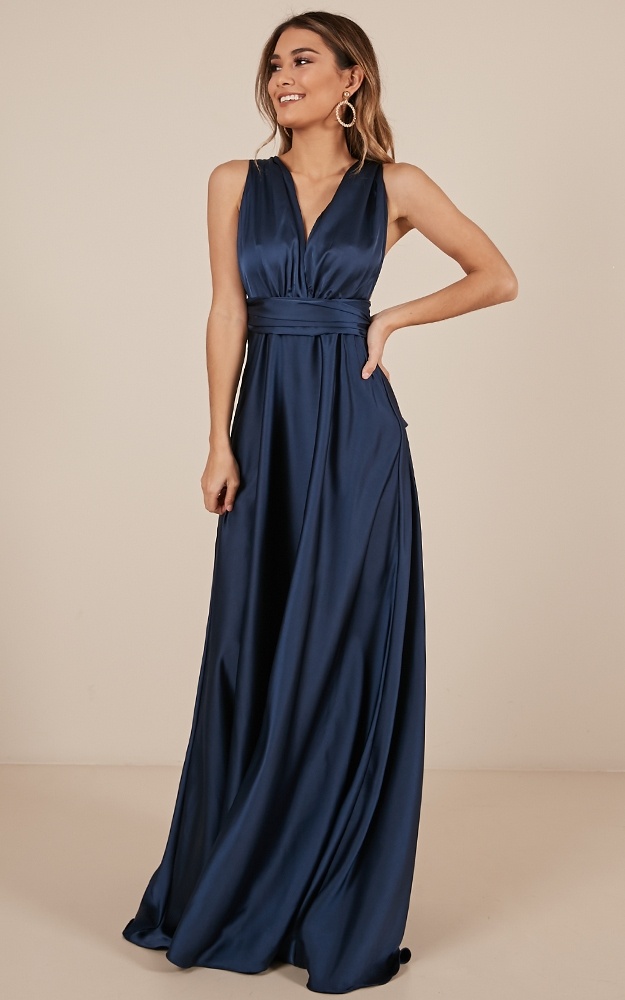 Nights Fallen Maxi Dress In Navy Satin | Showpo