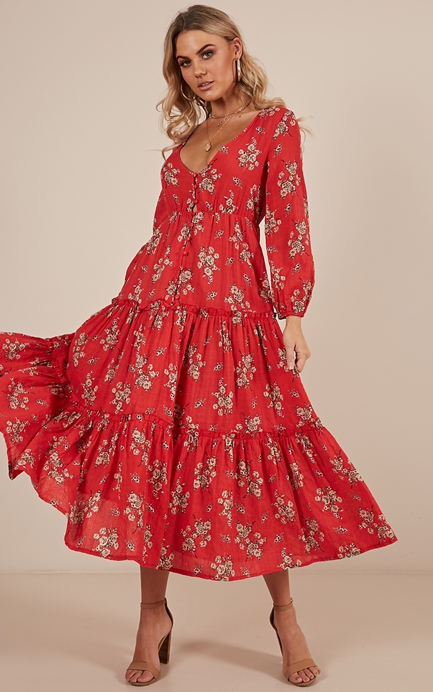 Red Maxi Dress with Sleeves