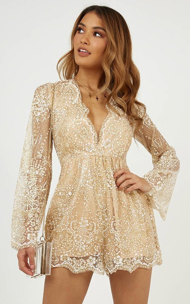 I Could Use A Love Song Playsuit In Rose Gold Glitter | Showpo