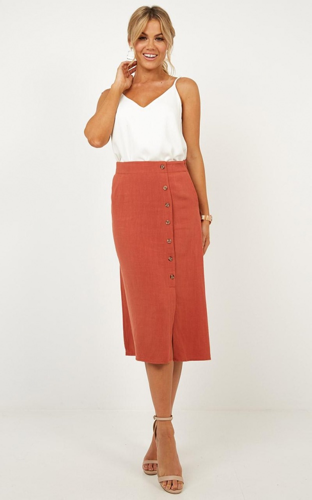 Sorority Girl Skirt In Rust Linen Showpo
