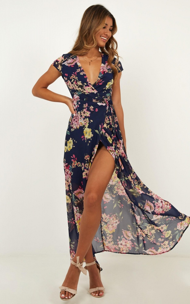 Wrap And Cross Maxi Dress In Navy Floral Showpo