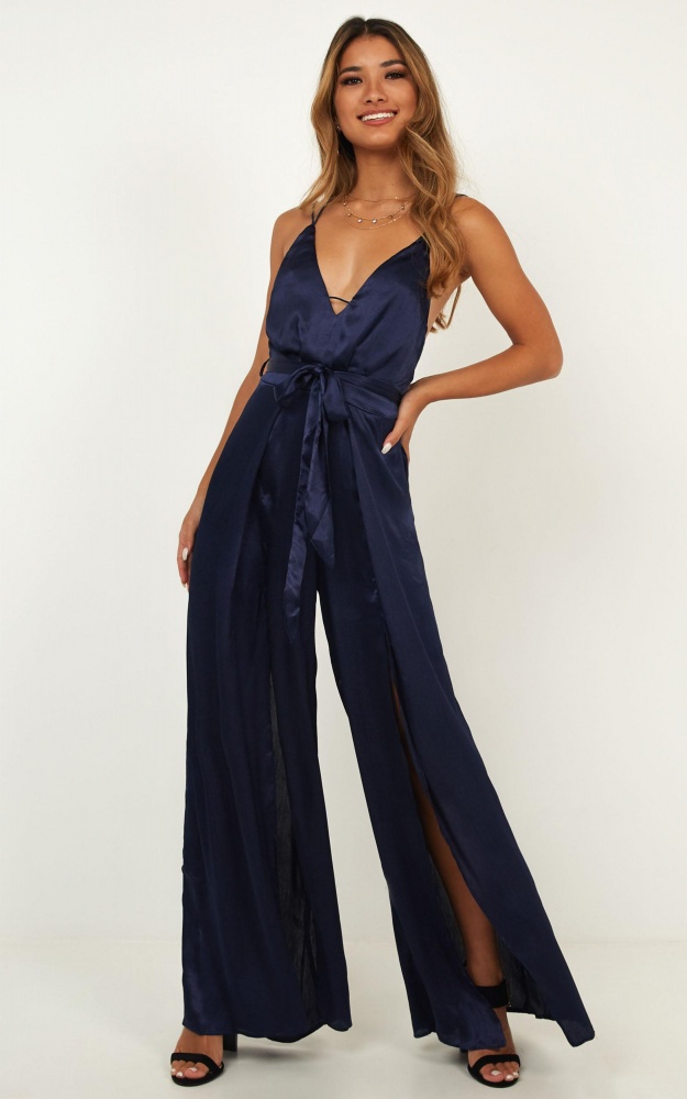 It All Works Out Jumpsuit In Navy Satin Showpo