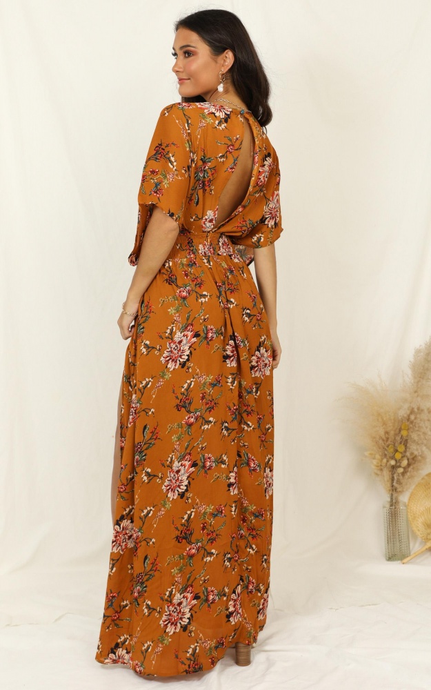Vacay Ready Maxi Dress In Mustard Floral Showpo