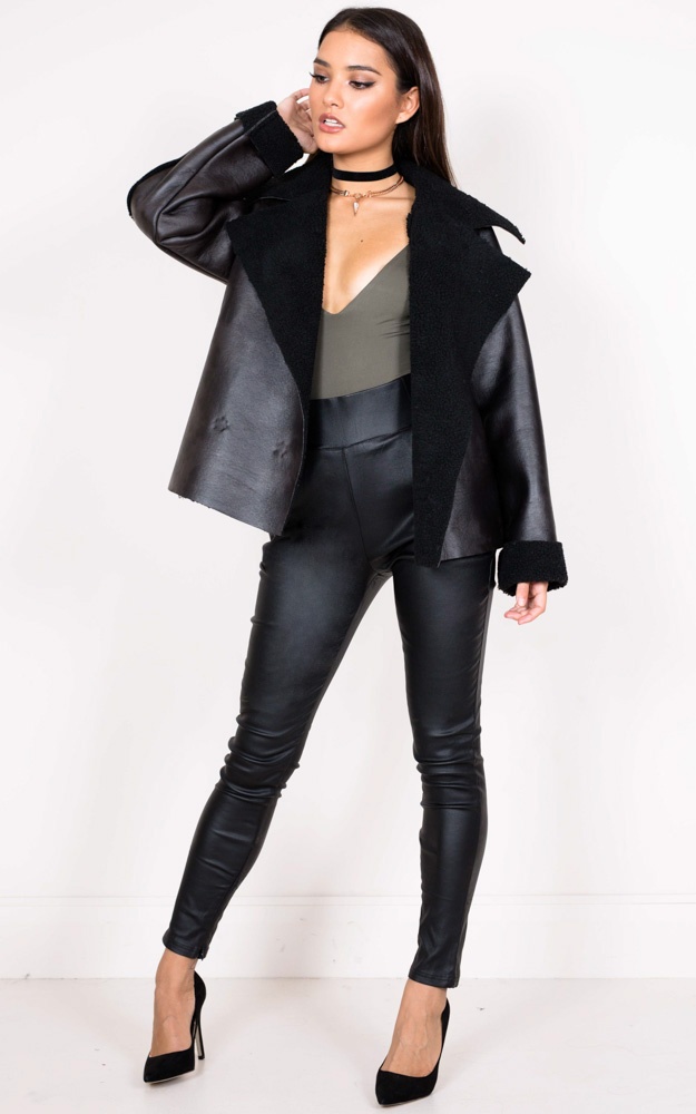 What I Like Shearling Biker Jacket In Black Showpo