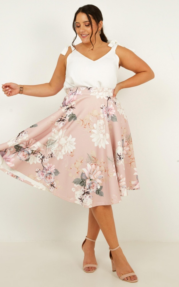 Whirlwind Midi Skirt In Blush Floral Showpo