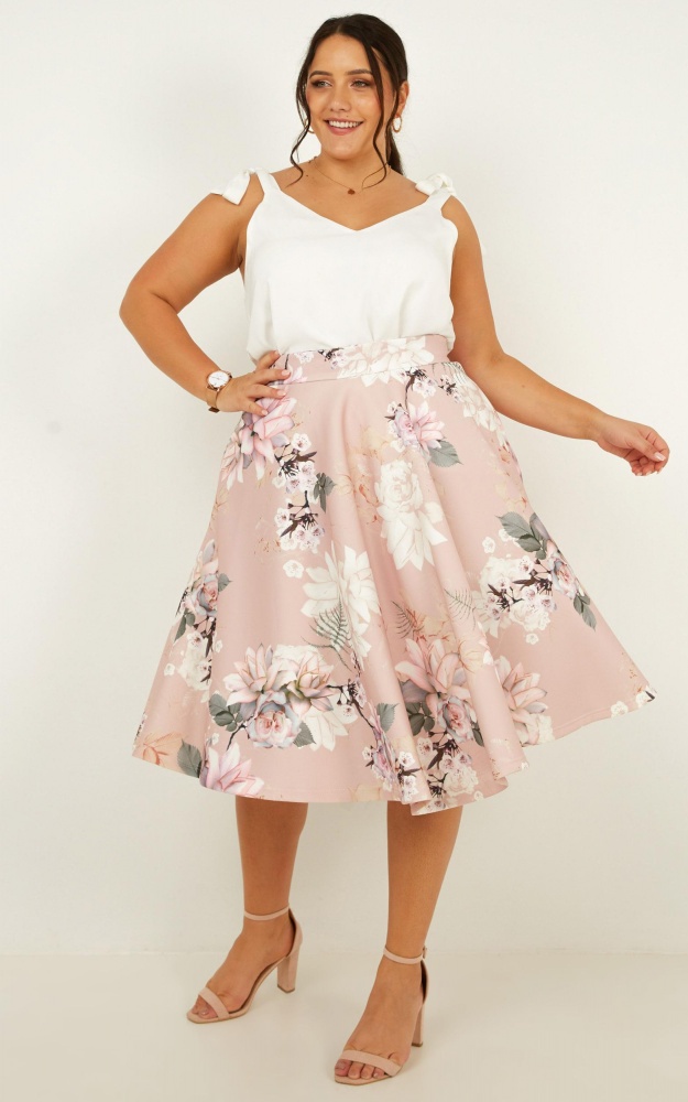 Whirlwind Midi Skirt In Blush Floral Showpo